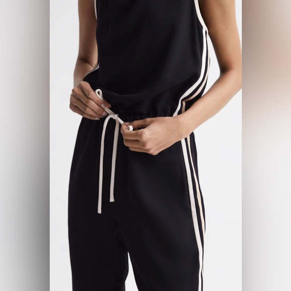 Reiss Tyla Side Striped Jumpsuit Navy. Blue and White Open Back Tie Waist Size 8 - Picture 5 of 16